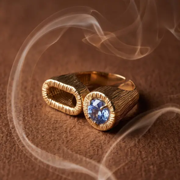 Gold-tone statement ring featuring a SKY blue lab-reconstituted natural stone set in a textured organic design with an open geometric detail, showcasing contemporary elegance by Madu Joia Rara.