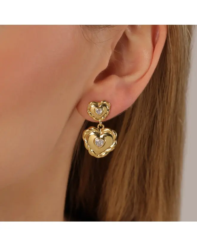 br 00745 2 | Gold Double Heart Drop Earrings with Zirconia Center - Mari Semijoias Gold Double Heart Drop Earrings with Zirconia Center - Mari Semijoias - Image 2