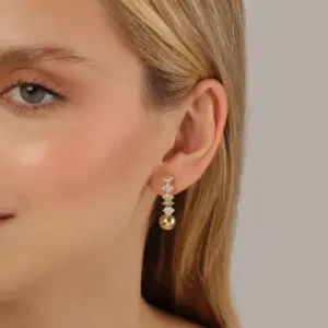 Gold-Plated Navette Zirconia and Sphere Earrings -Mari Semijoias