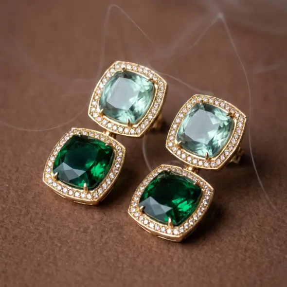 Gold-tone drop earrings featuring emerald green and soft green faceted stones framed by sparkling zirconia halos, creating a sophisticated geometric design by Madu Joia Rara.