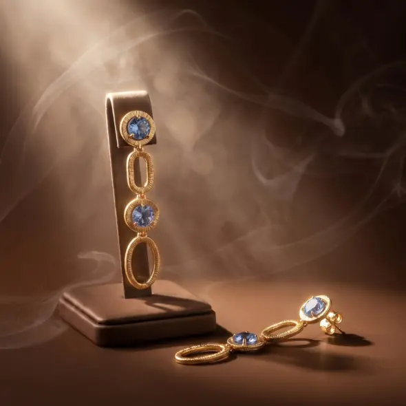 Luxury gold-tone drop earrings featuring brilliant sapphire-blue stones connected by textured oval links, creating an elegant cascading design inspired by the beauty of the ocean, by Madu Joia Rara.