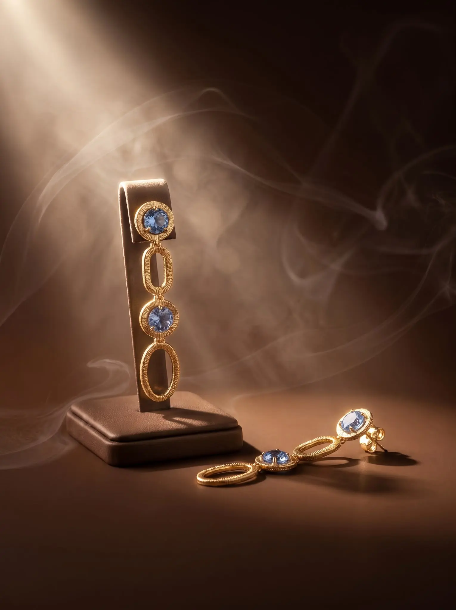 ocean sapphire cascade earrings madu joia rara | Sky Blue Earrings – Madu Joia Rara Luxury gold-tone drop earrings featuring brilliant sapphire-blue stones connected by textured oval links, creating an elegant cascading design inspired by the beauty of the ocean, by Madu Joia Rara.
