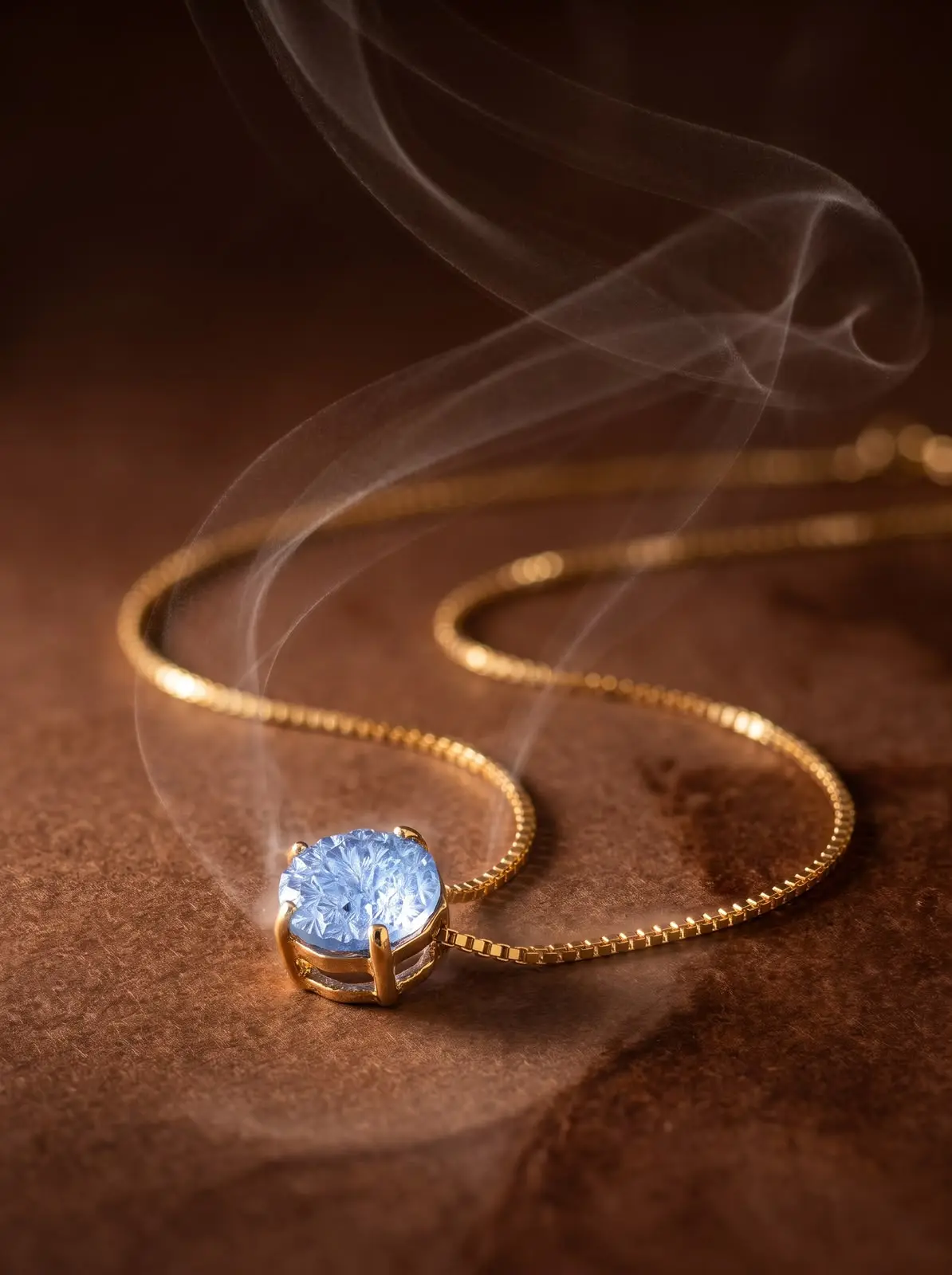 sky blue light point necklace madu joia rara | Sky Blue Light Point Necklace – Madu Joia Rara Delicate gold-tone necklace featuring a round SKY blue lab-reconstituted natural stone in a classic four-prong setting, suspended from a fine chain and displayed on a luxurious warm background by Madu Joia Rara.