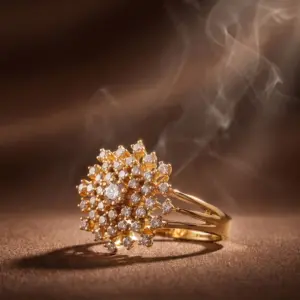 Gold-tone statement ring featuring a starburst floral design adorned with brilliant zirconia stones, creating exceptional sparkle and luxurious elegance by Madu Joia Rara.
