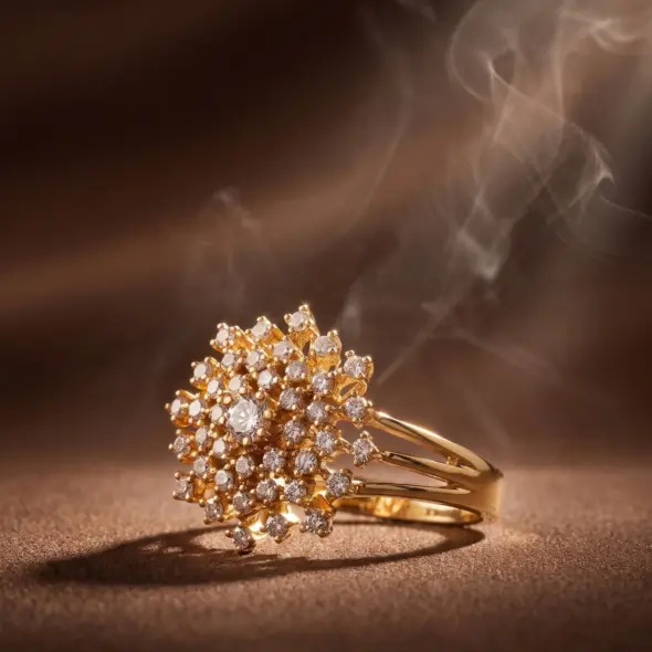 Gold-tone statement ring featuring a starburst floral design adorned with brilliant zirconia stones, creating exceptional sparkle and luxurious elegance by Madu Joia Rara.