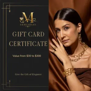 Gift Card Certificate - Mari Semijoias featuring a luxury black and gold design with elegant jewelry model wearing gold chain necklace, gold earrings, rings, and bracelet. Gift certificate available from $30 to $300 with the message “Give the Gift of Elegance.”