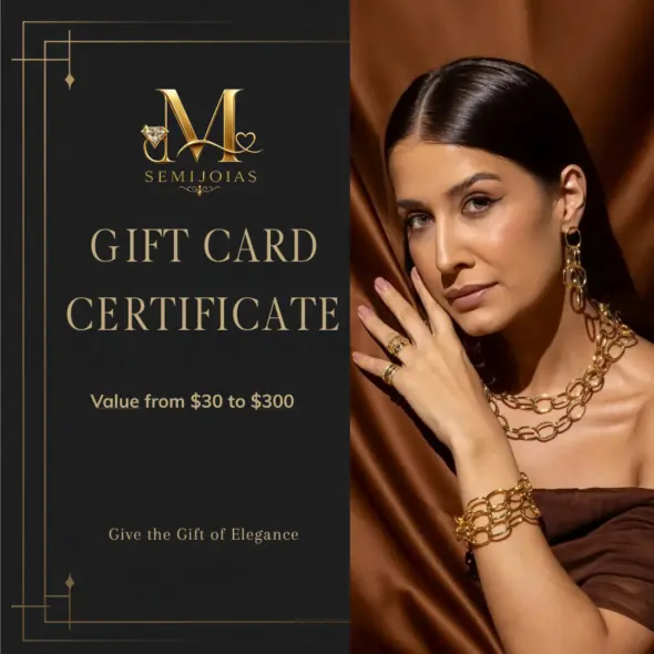Gift Card Certificate - Mari Semijoias featuring a luxury black and gold design with elegant jewelry model wearing gold chain necklace, gold earrings, rings, and bracelet. Gift certificate available from $30 to $300 with the message “Give the Gift of Elegance.”