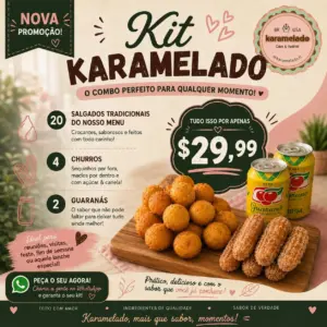 Karamelado Party Kit featuring 20 assorted Brazilian savory snacks, 4 mini churros with cinnamon sugar, and 2 Guaraná Antarctica sodas displayed on a wooden serving board. Perfect for parties, family gatherings, celebrations, and sharing authentic Brazilian flavors.