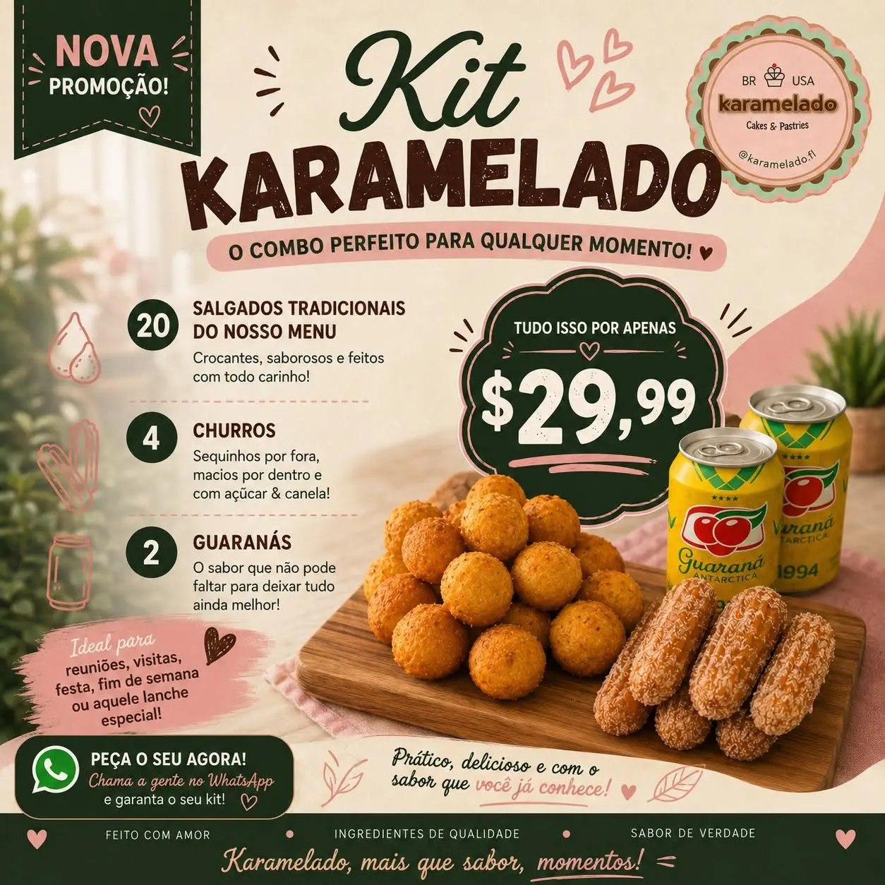 kit karamelado 1 | Karamelado Sharing Kit Karamelado Party Kit featuring 20 assorted Brazilian savory snacks, 4 mini churros with cinnamon sugar, and 2 Guaraná Antarctica sodas displayed on a wooden serving board. Perfect for parties, family gatherings, celebrations, and sharing authentic Brazilian flavors.